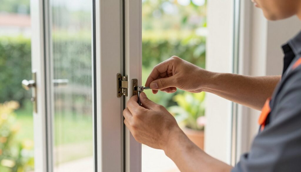 A close-up view of a professional technician adjusting a set of balcony doors. The technician, dressed in a smart casual outfit, is shown manipulating a hinge and a screw mechanism to elevate the door. Bright natural light streams in from the open balcony, highlighting the delicate details of the door frame and hardware. In the background, a beautifully landscaped garden is blurred, creating a serene atmosphere. The focus is on the technician's hands and tools, emphasizing precision and care in the adjustment process. The overall mood is one of industriousness and attention to detail, evoking a sense of home improvement and craftsmanship.