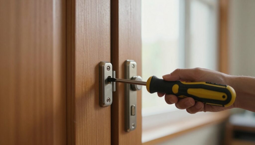 A close-up view of a screwdriver being used to unlock a door in an emergency situation. The foreground focuses on the screwdriver, resting against a wooden door with visible grain and texture. The middle layer features the door's lock mechanism slightly ajar, illustrating the action of manipulation. In the background, soft natural light filters through a nearby window, creating a warm and inviting atmosphere. The shot is taken from a low angle, emphasizing the screwdriver and door lock while maintaining a sense of urgency. The overall mood is tense yet resourceful, capturing the essence of problem-solving in a home setting. A close-up view of a screwdriver being used to unlock a door in an emergency situation. The foreground focuses on the screwdriver, resting against a wooden door with visible grain and texture. The middle layer features the door's lock mechanism slightly ajar, illustrating the action of manipulation. In the background, soft natural light filters through a nearby window, creating a warm and inviting atmosphere. The shot is taken from a low angle, emphasizing the screwdriver and door lock while maintaining a sense of urgency. The overall mood is tense yet resourceful, capturing the essence of problem-solving in a home setting.