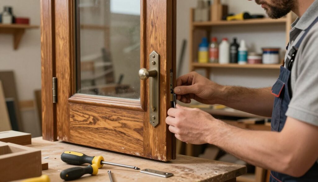 A close-up view of a skilled craftsman in professional work attire carefully replacing door fittings on an old wooden door with glass panels. The foreground features detailed tools like a screwdriver, hinges, and a new handle, positioned neatly on a workbench. In the middle ground, the ornate wooden door shows wear and a beautiful natural grain, accentuated by soft, warm lighting that highlights its texture. In the background, a well-organized workshop with shelves of wood treatment products and repair tools indicates a cozy, constructive atmosphere. The mood is focused and industrious, illustrating the intricacies of door hardware replacement and the attention to detail required for restoration.