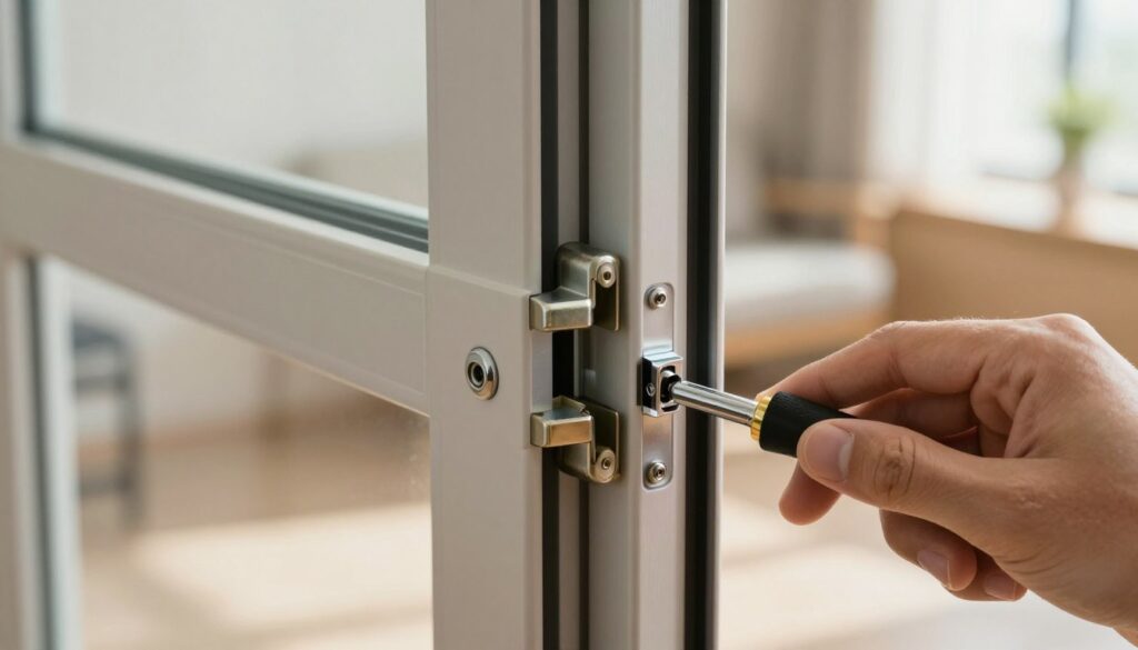 A close-up view of a sliding door's locking mechanism being disengaged, showcasing intricate details of the metal parts and components. The foreground features a hand carefully maneuvering a small tool to release the locks, highlighting attention to safety and precision. In the middle ground, the door track is visible, demonstrating the alignment of the sliding door. The background is softly blurred, hinting at a cozy room setting with light streaming in from a nearby window, creating a warm atmosphere. Natural light illuminates the scene, accentuating the textures of the door and the tools used. The overall mood conveys a sense of carefulness and professionalism in a home maintenance task.