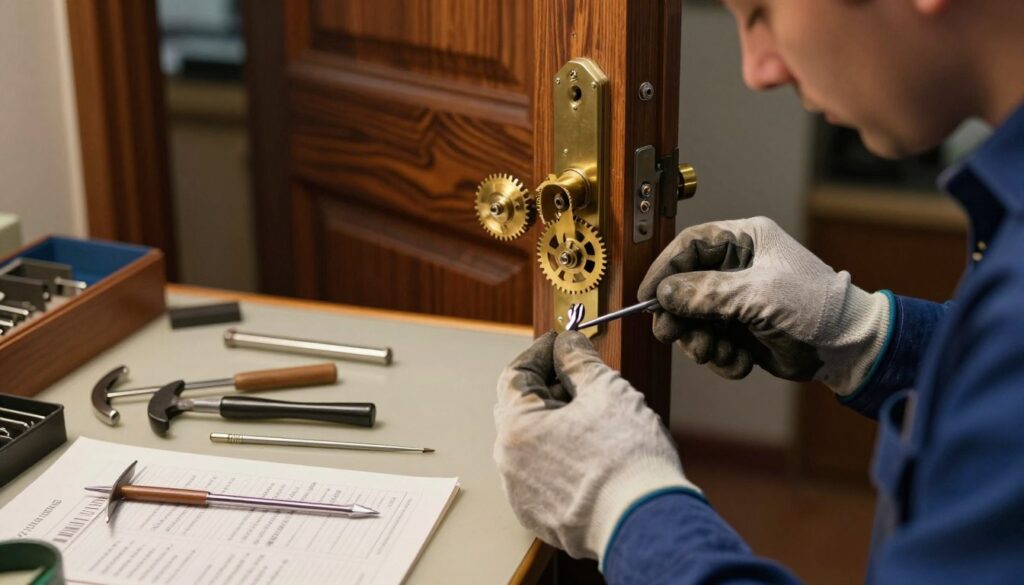 A close-up view of a traditional door lock mechanism, emphasizing its intricate brass gears and tumblers, showcasing the craftsmanship of locksmith tools. In the foreground, a professional locksmith is carefully manipulating these tools, wearing a blue shirt and work gloves, focusing intently on the task. The middle ground features a well-lit workbench cluttered with specialized locksmithing tools like tension wrenches, picks, and locksmithing manuals, illustrating the techniques used to unlock doors without damage. In the background, a partially open door with intricate wood grain, suggesting a cozy interior space, subtly emphasizes the relevance of door security and repair. The lighting is soft but focused, illuminating the locksmith's hands and the tools with a warm glow, creating a mood of expertise and concentration.