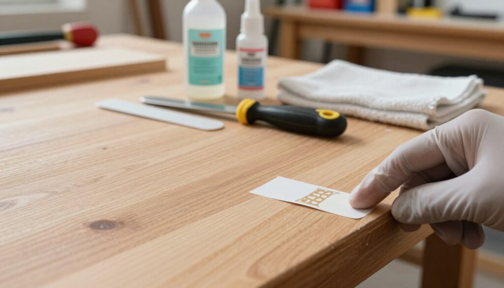 A close-up view of a wooden and laminated surface, showcasing the process of removing stickers carefully. In the foreground, a hand with a gloved finger is gently peeling a sticker from the wood, highlighting the delicate interaction. The middle ground displays a variety of tools for sticker removal, including a plastic scraper, a bottle of adhesive remover, and a soft cloth. In the background, there’s a well-lit workshop setting with a wooden workbench and shelves filled with tools, enhancing the atmosphere of a DIY project. Natural lighting floods the scene, creating a warm, inviting feel. The focus is sharp on the peeling action, with a slightly blurred background to emphasize the technique being demonstrated.