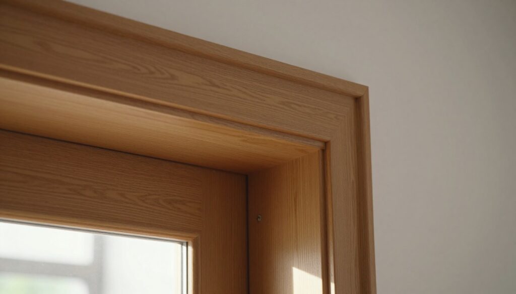 A close-up view of a wooden door frame featuring a "nadproże," which is a structural lintel, positioned above a 90 cm door. The nadproże is intricately designed, showcasing its role in load distribution, with visible wooden grain texture and craftsmanship details. In the foreground, focus on the meticulous joinery and the sturdy wooden material of the nadproże. The middle ground highlights the door frame, emphasizing the architectural integrity and functional design of the structure. The background softly blurs, suggesting a well-lit interior space that reinforces the idea of stability and strength. Natural light filters through a nearby window, casting subtle shadows, creating a serene and professional atmosphere. The image should be clean and devoid of any text or watermarks.
