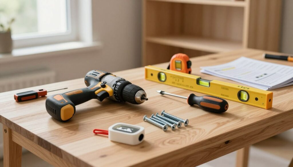 A close-up view of a wooden workbench, well-lit with natural lighting coming from a window on the left. On the workbench, arrange essential tools for assembling a wardrobe, including a drill, screwdriver, measuring tape, level, and a set of screws. The tools should be positioned neatly, showcasing their usability. In the background, a partially assembled wardrobe is visible, with tools and instruction manuals scattered around. Add a warm, inviting atmosphere that evokes a sense of productivity and home improvement. Use a shallow depth of field to keep the focus on the tools while softly blurring the background, creating an engaging and professional composition.