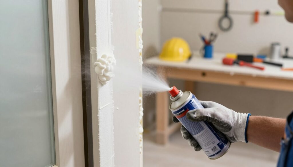 A close-up view of a worker applying mounting foam to secure surfaces in a construction setting. In the foreground, a hand in a protective glove holds a can of expanding foam, carefully spraying it along the edge of a doorframe. The middle ground features a partially assembled door with tape protecting the surrounding areas to prevent mess. The background showcases a well-lit workshop with tools and safety equipment, enhancing the atmosphere of an organized work environment. The lighting is bright, highlighting the textures of the foam and surfaces, while a soft focus adds depth. The mood is focused and professional, emphasizing careful preparation for clean installation. No text, watermarks, or signatures are present. A close-up view of a worker applying mounting foam to secure surfaces in a construction setting. In the foreground, a hand in a protective glove holds a can of expanding foam, carefully spraying it along the edge of a doorframe. The middle ground features a partially assembled door with tape protecting the surrounding areas to prevent mess. The background showcases a well-lit workshop with tools and safety equipment, enhancing the atmosphere of an organized work environment. The lighting is bright, highlighting the textures of the foam and surfaces, while a soft focus adds depth. The mood is focused and professional, emphasizing careful preparation for clean installation. No text, watermarks, or signatures are present.