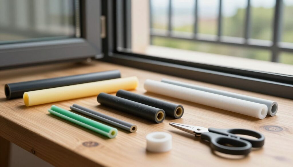 A close-up view of high-quality balcony door weather seals arranged on a wooden workbench. The foreground features various types of seals, such as rubber and foam, showcased in different colors and dimensions, neatly organized with tools like scissors and adhesive. In the middle, soft natural light illuminates the seals, creating subtle shadows that enhance the textures. The background features a partially opened balcony door that reveals a tranquil outdoor scene with a hint of greenery and a bright sky. The atmosphere is calm and focused, conveying a sense of professionalism and craftsmanship, ideal for DIY enthusiasts. The image should be well-composed and clear, with a warm color palette reflecting a cozy environment. A close-up view of high-quality balcony door weather seals arranged on a wooden workbench. The foreground features various types of seals, such as rubber and foam, showcased in different colors and dimensions, neatly organized with tools like scissors and adhesive. In the middle, soft natural light illuminates the seals, creating subtle shadows that enhance the textures. The background features a partially opened balcony door that reveals a tranquil outdoor scene with a hint of greenery and a bright sky. The atmosphere is calm and focused, conveying a sense of professionalism and craftsmanship, ideal for DIY enthusiasts. The image should be well-composed and clear, with a warm color palette reflecting a cozy environment.
