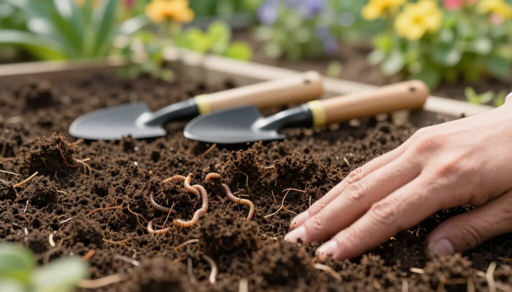 A close-up view of rich, dark soil in a garden setting, with visible texture, organic matter like earthworms and small plant roots, highlighting its fertility. In the foreground, a hand is gently digging into the soil, showcasing its moist, crumbly quality. In the middle ground, there are garden tools such as a spade and a soil testing kit, emphasizing the process of evaluating soil quality. The background features blurred green plants and flowers, creating a vibrant garden atmosphere. The lighting is soft and natural, suggesting a sunny day, with warm tones that enhance the earthy colors. The overall mood is serene and inviting, reflecting the importance of assessing soil quality for gardening. A close-up view of rich, dark soil in a garden setting, with visible texture, organic matter like earthworms and small plant roots, highlighting its fertility. In the foreground, a hand is gently digging into the soil, showcasing its moist, crumbly quality. In the middle ground, there are garden tools such as a spade and a soil testing kit, emphasizing the process of evaluating soil quality. The background features blurred green plants and flowers, creating a vibrant garden atmosphere. The lighting is soft and natural, suggesting a sunny day, with warm tones that enhance the earthy colors. The overall mood is serene and inviting, reflecting the importance of assessing soil quality for gardening.