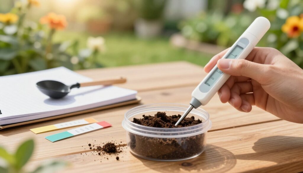 A close-up view of soil testing for acidity, featuring a soil sample in a clear laboratory container on a wooden table. In the foreground, a hand holding a pH meter probes the soil, demonstrating the measurement process. The middle layer displays various tools for soil analysis like a soil scoop, pH test strips, and a notepad. The background is softly blurred, showing a lush garden with vibrant greenery and blooming flowers under warm, natural sunlight, creating an inviting atmosphere. The scene conveys a sense of scientific exploration and care for gardening, with a focus on precision and nature. Ensure no human subjects are present.