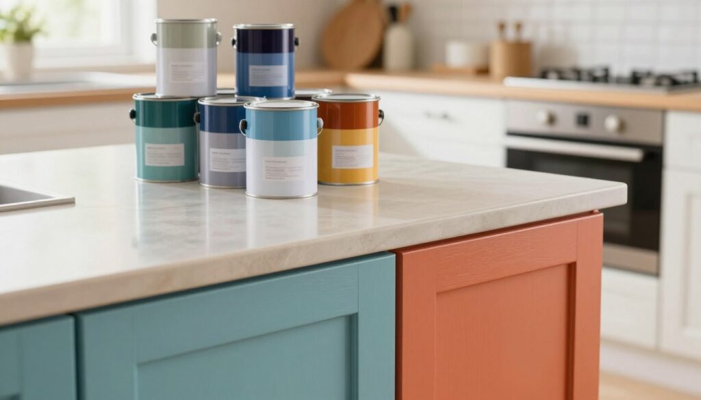 A close-up view of various kitchen furniture pieces, freshly painted in an array of vibrant, durable colors, showcasing glossy finishes that resist moisture and stains. In the foreground, include a freshly painted cabinet with a shiny, easy-to-clean surface, emphasizing texture and color richness. The middle layer features an array of paint cans, each labeled with color swatches, arranged aesthetically to highlight their potential applications. The background shows a modern kitchen with bright lighting, emphasizing cleanliness and a welcoming atmosphere. The overall mood is fresh and inviting, illustrating the transformative effect of using quality paint on kitchen furniture. Soft, natural light illuminates the scene, enhancing the colors and textures. A close-up view of various kitchen furniture pieces, freshly painted in an array of vibrant, durable colors, showcasing glossy finishes that resist moisture and stains. In the foreground, include a freshly painted cabinet with a shiny, easy-to-clean surface, emphasizing texture and color richness. The middle layer features an array of paint cans, each labeled with color swatches, arranged aesthetically to highlight their potential applications. The background shows a modern kitchen with bright lighting, emphasizing cleanliness and a welcoming atmosphere. The overall mood is fresh and inviting, illustrating the transformative effect of using quality paint on kitchen furniture. Soft, natural light illuminates the scene, enhancing the colors and textures.