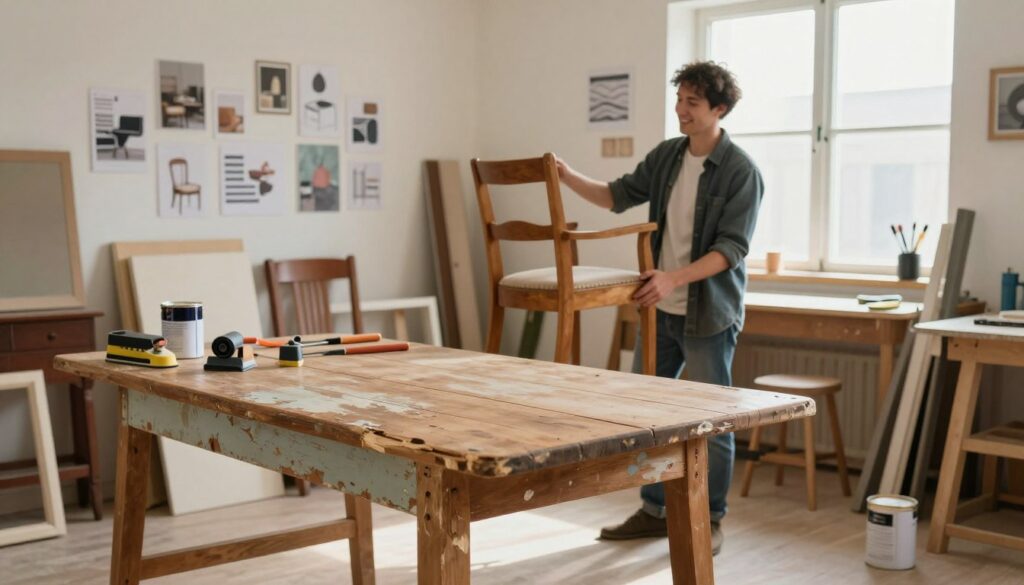 A cluttered workshop filled with various old furniture pieces in various stages of renovation. In the foreground, a distressed wooden table sits with peeling paint and a broken leg, symbolizing the challenges of furniture restoration. Nearby, tools like sanders and paint cans are scattered, emphasizing the effort involved. In the middle ground, a satisfied person in modest casual clothing examines a half-finished chair, depicting the moment of hesitation on whether to continue with the project. The background shows a wall filled with inspirational design ideas and a bright window allowing natural light to flood in, creating a warm, inviting atmosphere. The overall mood is reflective and thought-provoking, capturing the moment when renovation may no longer be worth the investment of time and resources.