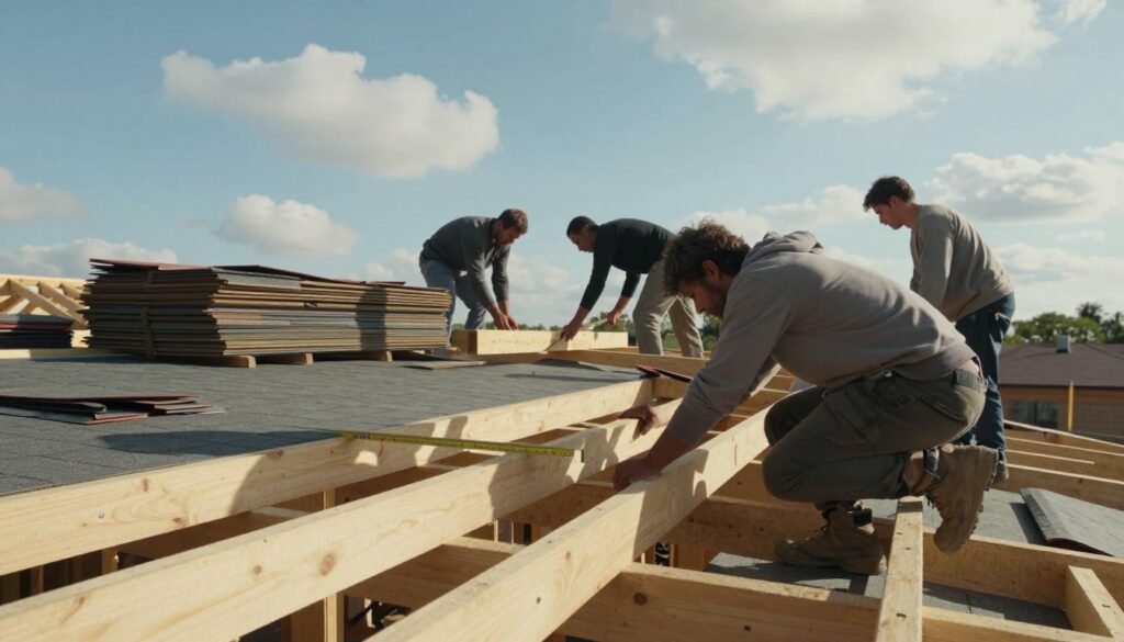 A construction site preparing a roof substrate, showcasing a team of professional workers dressed in modest clothing, carefully laying down wooden support beams on a wooden frame of a gable roof structure. The foreground features a close-up of the workers measuring and cutting the beams, while the mid-ground shows an organized stack of roofing materials, such as shingles and underlayment, ready for installation. In the background, a clear blue sky with a few fluffy clouds adds a serene atmosphere to the scene. The soft sunlight creates gentle shadows, enhancing the texture of the wood and the details of the surroundings. Captured from a slightly elevated angle to provide a comprehensive view of the roof preparation process. A construction site preparing a roof substrate, showcasing a team of professional workers dressed in modest clothing, carefully laying down wooden support beams on a wooden frame of a gable roof structure. The foreground features a close-up of the workers measuring and cutting the beams, while the mid-ground shows an organized stack of roofing materials, such as shingles and underlayment, ready for installation. In the background, a clear blue sky with a few fluffy clouds adds a serene atmosphere to the scene. The soft sunlight creates gentle shadows, enhancing the texture of the wood and the details of the surroundings. Captured from a slightly elevated angle to provide a comprehensive view of the roof preparation process.