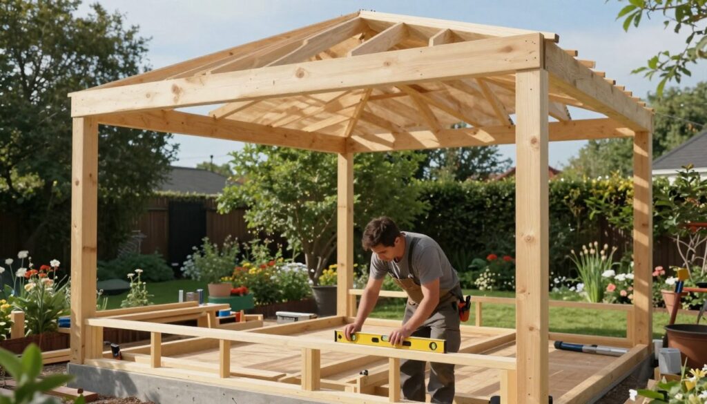 A construction site showcasing the assembly of a garden gazebo's load-bearing structure. In the foreground, a professional carpenter, wearing modest work attire, uses a level tool to ensure accuracy on a wooden frame, surrounded by pre-cut timber and tools. The middle layer features partially assembled wooden beams and posts, demonstrating key joints and connections, with focus on detailed craftsmanship. In the background, a serene garden setting unfolds, with lush greenery, flowering plants, and a clear blue sky. Soft natural lighting illuminates the scene, casting gentle shadows that enhance the textures of wood. Capture this moment from a slightly elevated angle for a comprehensive view of the construction process, creating a calm and productive atmosphere.