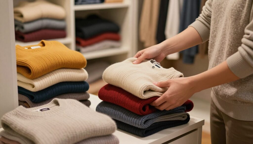 A cozy and well-organized closet interior featuring a person neatly folding a colorful sweater, demonstrating the process of folding attire for proper storage. In the foreground, depict the person, wearing modest casual clothing, skillfully folding the soft sweater with both hands. The middle-ground includes vibrant, neatly arranged stacks of different sweaters beside the individual, showcasing various textures and colors. In the background, a slightly open closet with soft lighting highlights additional folded garments and a warm atmosphere. The lighting should be soft and warm to create a welcoming and homely feel, with an angle that captures both the folding process and the organized clutter of the closet, inviting viewers to appreciate the art of sweater storage.
