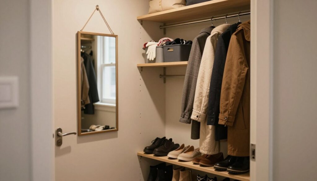 A cozy and well-organized hallway wardrobe interior, showcasing clever solutions for small entryways. The foreground features neatly hung jackets and coats on hooks, with a small, stylish shoe rack beneath, displaying a variety of footwear. The middle section includes a shelf filled with small bins for accessories like gloves and scarves, along with a compact mirror hanging on the door. The background reveals light-colored walls and a soft, warm light filtering through a nearby window, creating a welcoming atmosphere. The scene is captured using a close-up angle to emphasize the organized layout, with a focus on clean lines and minimal clutter, evoking a sense of efficiency and harmony within the compact space.