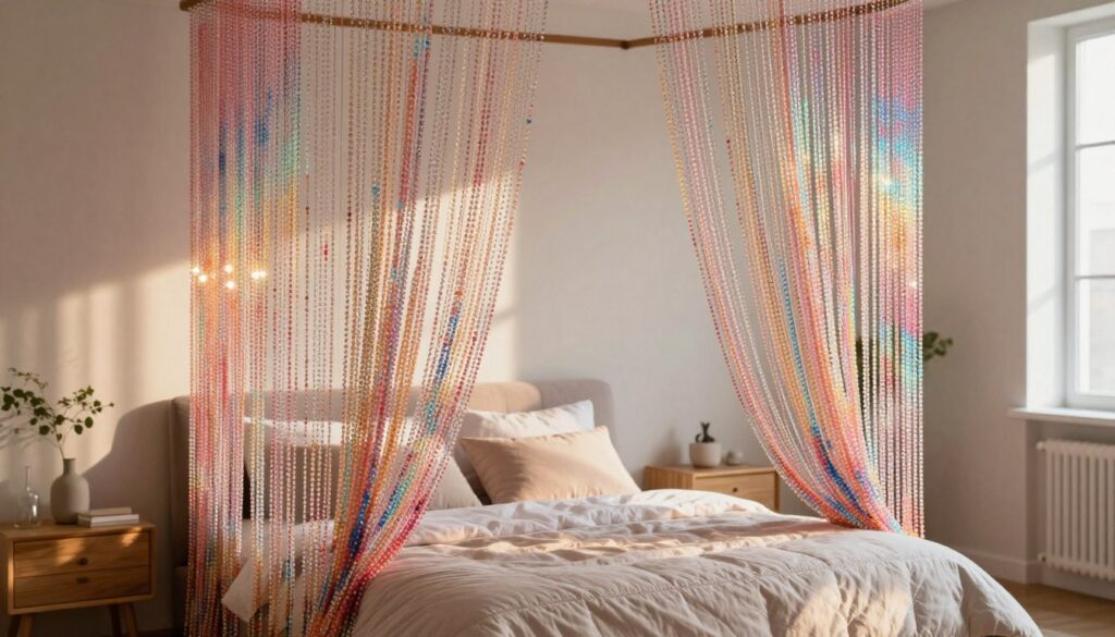 A cozy bedroom featuring a decorative curtain made of colorful, translucent beads cascading from the ceiling, softly reflecting warm light. In the foreground, focus on the intricate detailing of the beads and the gentle movement in the air. In the middle, a stylish bed with plush pillows and a soft quilt, surrounded by minimalistic wooden furniture that complements the beads' vibrant colors. The background showcases pale, soothing wall colors with subtle textures, providing a serene atmosphere. Natural light filters through a nearby window, casting soft shadows and enhancing the playful sparkle of the beads. Overall, the mood is inviting and tranquil, perfect for a relaxing retreat. A cozy bedroom featuring a decorative curtain made of colorful, translucent beads cascading from the ceiling, softly reflecting warm light. In the foreground, focus on the intricate detailing of the beads and the gentle movement in the air. In the middle, a stylish bed with plush pillows and a soft quilt, surrounded by minimalistic wooden furniture that complements the beads' vibrant colors. The background showcases pale, soothing wall colors with subtle textures, providing a serene atmosphere. Natural light filters through a nearby window, casting soft shadows and enhancing the playful sparkle of the beads. Overall, the mood is inviting and tranquil, perfect for a relaxing retreat.