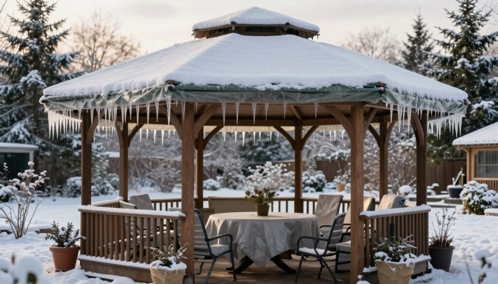 A cozy garden gazebo under winter conditions, showcasing a well-protected roof with sturdy tarpaulins and insulation material to prevent snow accumulation. In the foreground, there's a close-up of winterized garden equipment, such as chairs and tables covered with protective sheets, and potted plants wrapped in burlap. The middle ground features icicles hanging from the gazebo eaves, with soft, diffused winter sunlight filtering through the clouds, casting a warm glow on the scene. In the background, a serene snowy landscape with evergreen trees enhances the peaceful atmosphere. The composition captures the essence of winter protection, emphasizing safety and care for outdoor structures. The scene is tranquil, evoking a sense of preparedness for the cold season.