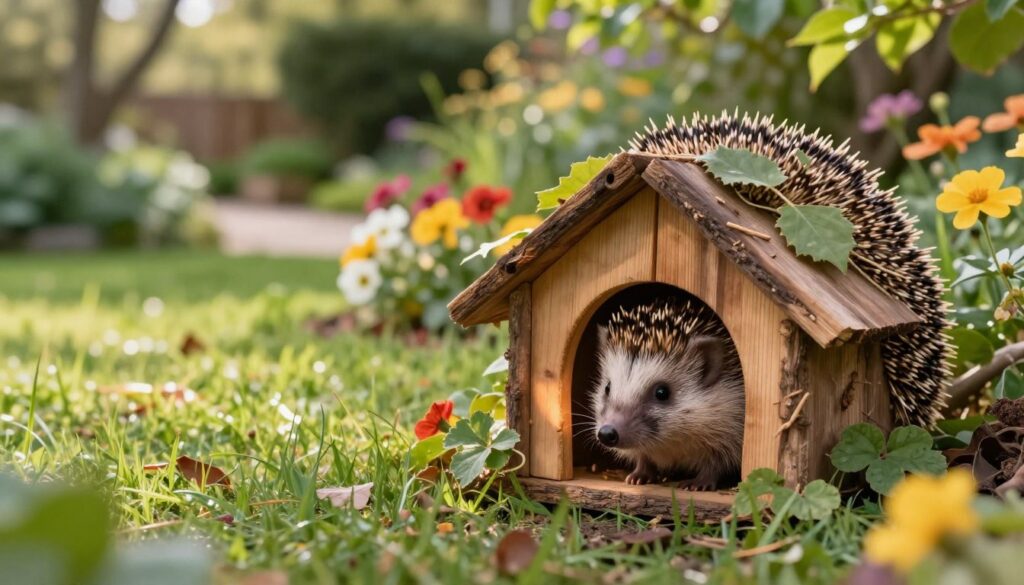 A cozy hedgehog house nestled in a lush garden, made from natural materials like wood and leaves, providing a perfect shelter for the spiny creature. In the foreground, the hedgehog house is partially visible, with a warm, inviting entrance and small foliage around it. In the middle ground, vibrant flowers bloom, complemented by soft, green grass that adds a serene touch. The background features a softly lit garden path winding through a mix of trees and bushes, with dappled sunlight filtering through the leaves, creating a calm and inviting atmosphere. The image should have a clear focus and warm tones, capturing the essence of a safe, welcoming habitat for hedgehogs. A cozy hedgehog house nestled in a lush garden, made from natural materials like wood and leaves, providing a perfect shelter for the spiny creature. In the foreground, the hedgehog house is partially visible, with a warm, inviting entrance and small foliage around it. In the middle ground, vibrant flowers bloom, complemented by soft, green grass that adds a serene touch. The background features a softly lit garden path winding through a mix of trees and bushes, with dappled sunlight filtering through the leaves, creating a calm and inviting atmosphere. The image should have a clear focus and warm tones, capturing the essence of a safe, welcoming habitat for hedgehogs.