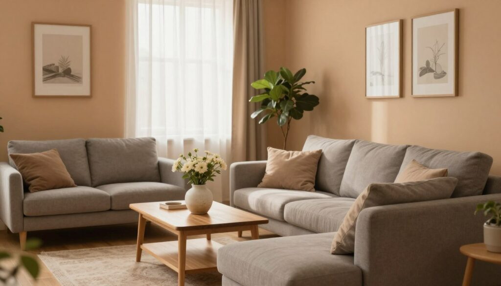 A cozy interior scene featuring warm-toned walls in soft hues of beige, light amber, and muted terracotta. In the foreground, a stylish gray sofa adorned with plush cushions complements the inviting atmosphere. The middle ground showcases a set of light wooden furniture, including a coffee table with a ceramic vase holding fresh flowers. In the background, a gentle daylight filters through sheer curtains, creating a soft, diffused light that enhances the warmth of the wall colors. The room is tastefully decorated with framed art pieces and a lush indoor plant that adds a touch of greenery. The overall mood is inviting and serene, perfect for illustrating a cozy living space.