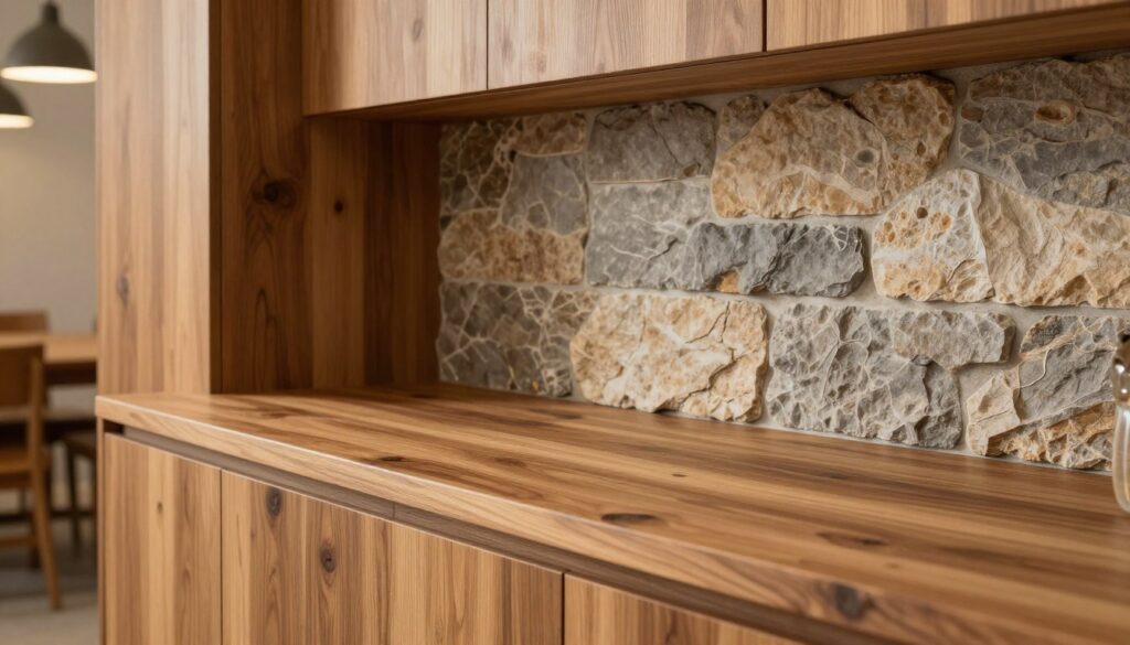 A cozy kitchen scene featuring natural wood and stone elements situated between cabinetry. In the foreground, a polished wooden countertop displays a textured surface, showcasing the grains and knots of the wood. Adjacent, a rugged stone backsplash complements the warm tones of the wood, with irregular patterns and earthy hues of gray and beige. In the background, soft, ambient lighting emanates from pendant lamps, creating a welcoming atmosphere. The scene captures a harmonious blend of materials, highlighting their natural beauty and durability. The angle of the shot is slightly elevated, focusing on the textures while maintaining a clean and uncluttered look, reflecting the elegance and practicality of these materials in kitchen design.