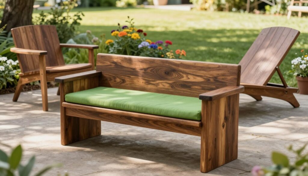 A cozy outdoor scene featuring an array of wooden benches, chairs, and loungers made from timber planks. In the foreground, focus on a sturdy, rustic bench with smooth, dark wood grain and clean lines, complemented by a vibrant green cushion. To the left, a stylish, contemporary chair with armrests, while on the right, a sleek sun lounger is angled for relaxation. The middle ground showcases a subtle garden setting with colorful flowers and lush grass enhancing the inviting atmosphere. The background features dappled sunlight filtering through tree leaves, creating a warm and inviting ambiance. The scene is captured from a slightly elevated angle, emphasizing the furniture's design and craftsmanship, ideal for a serene outdoor space. Bright, soft lighting enhances the natural colors and textures, evoking a peaceful, leisurely mood. A cozy outdoor scene featuring an array of wooden benches, chairs, and loungers made from timber planks. In the foreground, focus on a sturdy, rustic bench with smooth, dark wood grain and clean lines, complemented by a vibrant green cushion. To the left, a stylish, contemporary chair with armrests, while on the right, a sleek sun lounger is angled for relaxation. The middle ground showcases a subtle garden setting with colorful flowers and lush grass enhancing the inviting atmosphere. The background features dappled sunlight filtering through tree leaves, creating a warm and inviting ambiance. The scene is captured from a slightly elevated angle, emphasizing the furniture's design and craftsmanship, ideal for a serene outdoor space. Bright, soft lighting enhances the natural colors and textures, evoking a peaceful, leisurely mood.