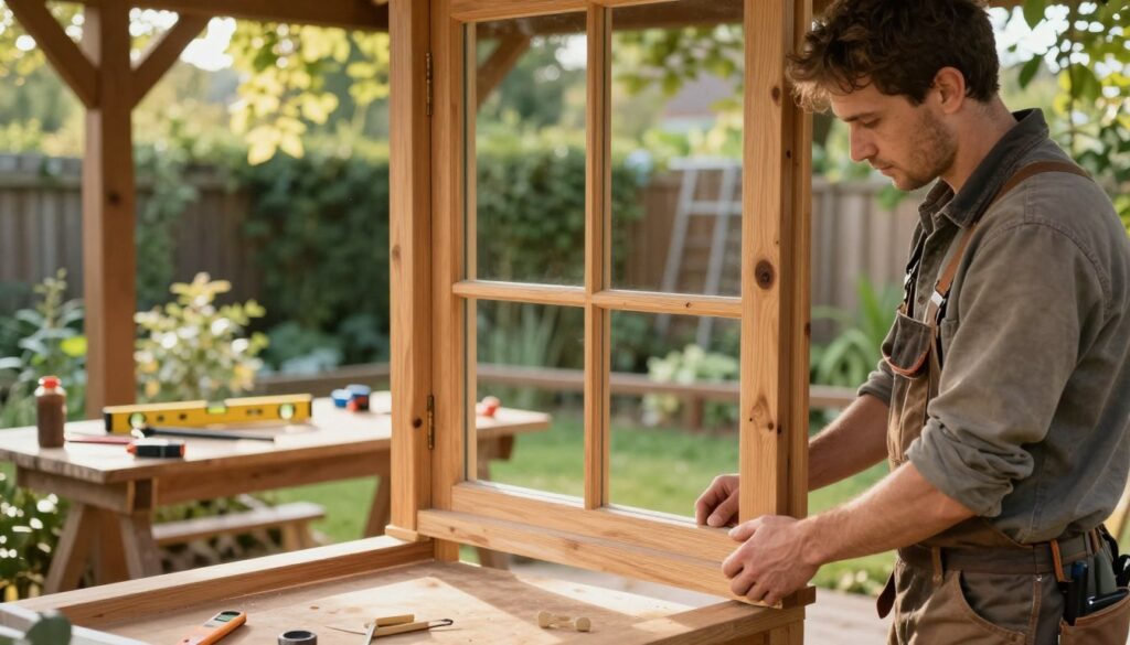 A cozy outdoor setting featuring a wooden window frame installation in a garden gazebo. In the foreground, a skilled carpenter, dressed in modest work attire, is carefully positioning a newly crafted wooden window frame into the open gap of the gazebo. The frame showcases intricate joinery and a warm, natural finish. In the middle ground, tools like a level and measuring tape are neatly arranged on a workbench nearby, with the beautiful wooden structure of the gazebo surrounding the scene. The background is filled with lush greenery and soft sunlight filtering through the leaves, creating a serene and focused atmosphere. The angle captures the action from slightly above, emphasizing the craftsmanship and attention to detail in the installation process. A cozy outdoor setting featuring a wooden window frame installation in a garden gazebo. In the foreground, a skilled carpenter, dressed in modest work attire, is carefully positioning a newly crafted wooden window frame into the open gap of the gazebo. The frame showcases intricate joinery and a warm, natural finish. In the middle ground, tools like a level and measuring tape are neatly arranged on a workbench nearby, with the beautiful wooden structure of the gazebo surrounding the scene. The background is filled with lush greenery and soft sunlight filtering through the leaves, creating a serene and focused atmosphere. The angle captures the action from slightly above, emphasizing the craftsmanship and attention to detail in the installation process.