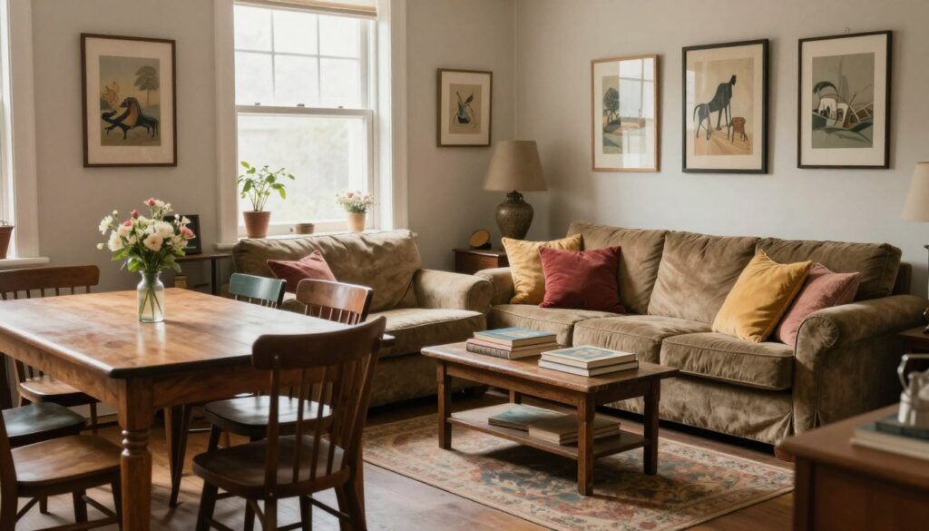 A cozy room filled with gently used furniture, showcasing an inviting atmosphere. In the foreground, a vintage wooden dining table with a small vase of flowers on top, surrounded by mismatched chairs, each with unique character. In the middle, a plush, secondhand sofa adorned with colorful throw pillows, paired with a rustic coffee table displaying a few artistic books. Behind, a well-lit window reveals soft, natural light streaming in, highlighting a wall adorned with framed art pieces. The walls have a warm, neutral tone, enhancing the charming vibe of the space. Include subtle shadows to create depth, evoking a sense of warmth and nostalgia. The overall scene should reflect the beauty of repurposed items, encouraging viewers to consider their value over disposal. A cozy room filled with gently used furniture, showcasing an inviting atmosphere. In the foreground, a vintage wooden dining table with a small vase of flowers on top, surrounded by mismatched chairs, each with unique character. In the middle, a plush, secondhand sofa adorned with colorful throw pillows, paired with a rustic coffee table displaying a few artistic books. Behind, a well-lit window reveals soft, natural light streaming in, highlighting a wall adorned with framed art pieces. The walls have a warm, neutral tone, enhancing the charming vibe of the space. Include subtle shadows to create depth, evoking a sense of warmth and nostalgia. The overall scene should reflect the beauty of repurposed items, encouraging viewers to consider their value over disposal.