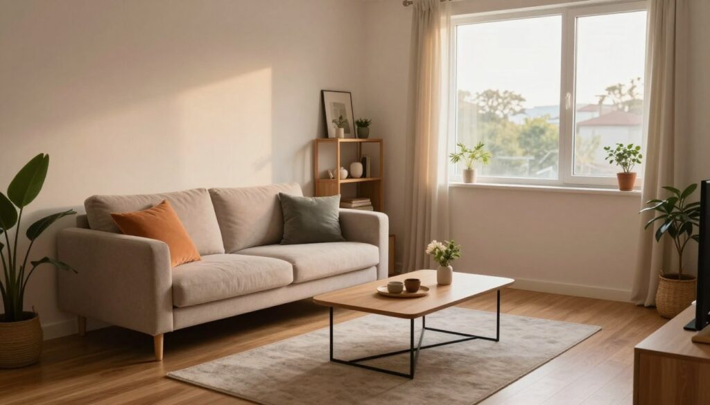 A cozy small living room designed with a minimalist aesthetic, featuring compact furniture pieces suitable for limited space. In the foreground, a stylish, modern coffee table with geometric lines sits atop a soft area rug. To the left, a compact, plush sofa adorned with colorful cushions invites comfort. In the middle space, a smartly arranged shelf displays decorative items and small potted plants. The background includes a large window allowing natural light to flood the room, highlighting the warm tones of the wooden floor and pale walls. The atmosphere is serene and inviting, ideal for relaxation and conversation. The scene captures the essence of small-space living without cramming, demonstrating functional and stylish furniture arrangements. Soft evening light enhances a peaceful ambiance.