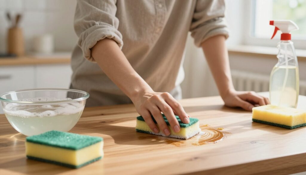 A cozy, well-lit home setting featuring a wooden table with a few scattered household cleaning items, including a bowl of warm soapy water, a soft sponge, and a bottle of vinegar. In the foreground, a person with their sleeves rolled up, wearing a modest casual outfit, is gently scrubbing a visible, bright hair dye stain on the surface. The individual is focused and attentive, highlighting a sense of determination. In the background, warm sunlight filters through a window, creating a natural and inviting atmosphere. The overall mood is positive and solution-oriented, emphasizing the concept of using home remedies to tackle hair dye stains safely and effectively.