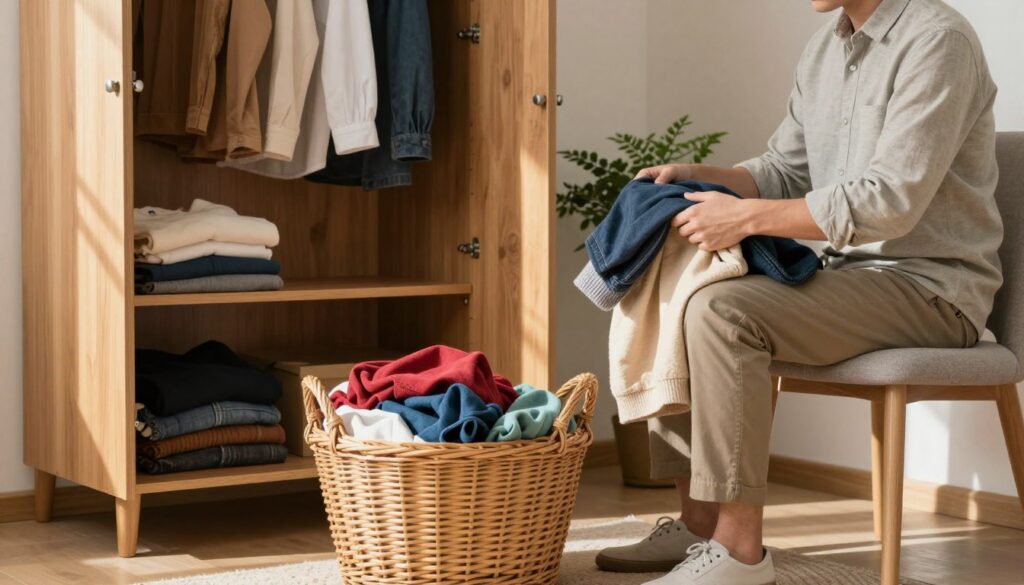 A cozy, well-organized room featuring a wooden wardrobe with doors slightly ajar, revealing neatly folded clothes inside. In the foreground, a stylish wicker basket overflowing with colorful unworn clothes, symbolizing the concept of decluttering. On a nearby chair, a well-dressed person in modest casual attire thoughtfully sorts through a few garments, contemplating what to donate. Soft, natural light streams in from a nearby window, casting gentle shadows and enhancing the warm atmosphere. A few hangers are visible, holding freshly cleaned clothes, and a small potted plant adds a touch of greenery in the background. The scene conveys a sense of calm and purpose, reflecting the journey of maintaining an organized wardrobe. A cozy, well-organized room featuring a wooden wardrobe with doors slightly ajar, revealing neatly folded clothes inside. In the foreground, a stylish wicker basket overflowing with colorful unworn clothes, symbolizing the concept of decluttering. On a nearby chair, a well-dressed person in modest casual attire thoughtfully sorts through a few garments, contemplating what to donate. Soft, natural light streams in from a nearby window, casting gentle shadows and enhancing the warm atmosphere. A few hangers are visible, holding freshly cleaned clothes, and a small potted plant adds a touch of greenery in the background. The scene conveys a sense of calm and purpose, reflecting the journey of maintaining an organized wardrobe.