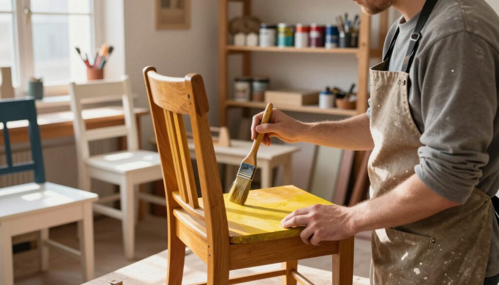 A cozy workshop scene featuring a person wearing an apron, diligently painting a wooden chair in a vibrant color. The foreground showcases the focused individual, brush in hand, with paint splatters on their clothing, symbolizing the hands-on aspect of furniture revival. In the middle ground, several refinished and partially painted pieces of furniture are displayed, showcasing various styles and colors. The background reveals shelves filled with tools, paint cans, and brushes, creating an inviting atmosphere. Natural light streams in through a nearby window, casting warm highlights and soft shadows across the scene, enhancing the mood of creativity and transformation. The image should convey a sense of accomplishment and problem-solving during the furniture renovation process.
