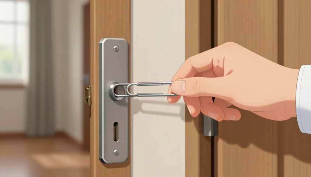 A detailed close-up illustration of a hand using a flat metal tool, resembling a paperclip or bobby pin, to attempt to unlock a door lock. The hand should be depicted in a professional manner, dressed in a smart, casual shirt. The focus is on the interaction between the tool and the lock mechanism, showcasing the delicate maneuvering required. The background features a slightly blurred hallway with a wooden door, emphasizing the action without distraction. Soft, natural light comes from a nearby window, creating shadows that add depth. Capture a sense of tension and caution, highlighting the potential risk of damaging the lock in the process. The overall mood conveys both curiosity and caution in exploring unconventional methods.