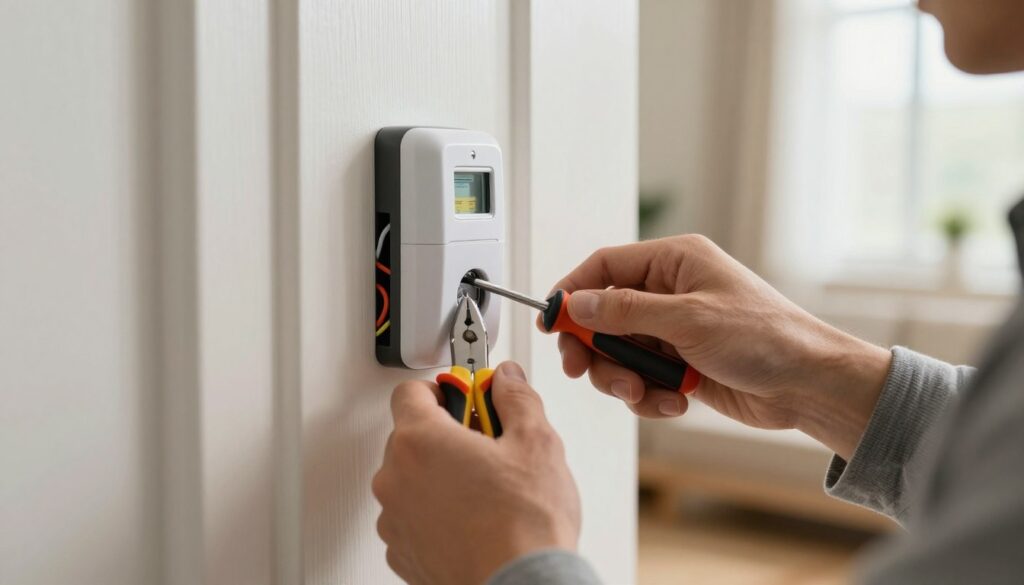 A detailed close-up scene of a person carefully connecting a doorbell, showcasing a mix of wired and wireless components. In the foreground, the individual's hands are visible, wearing modest casual clothing, skillfully handling tools like a screwdriver and wire strippers. The middle ground features the door with a partially installed doorbell, highlighting the wiring and battery compartment. In the background, a home interior is softly lit, suggesting a warm and inviting atmosphere, with light streaming in through a nearby window. The focus is sharp on the hands and the doorbell, creating a sense of concentration and professionalism, emphasizing the importance of safe installation methods. The overall mood is calm and focused, aspiring to convey DIY confidence in home improvement tasks. A detailed close-up scene of a person carefully connecting a doorbell, showcasing a mix of wired and wireless components. In the foreground, the individual's hands are visible, wearing modest casual clothing, skillfully handling tools like a screwdriver and wire strippers. The middle ground features the door with a partially installed doorbell, highlighting the wiring and battery compartment. In the background, a home interior is softly lit, suggesting a warm and inviting atmosphere, with light streaming in through a nearby window. The focus is sharp on the hands and the doorbell, creating a sense of concentration and professionalism, emphasizing the importance of safe installation methods. The overall mood is calm and focused, aspiring to convey DIY confidence in home improvement tasks.