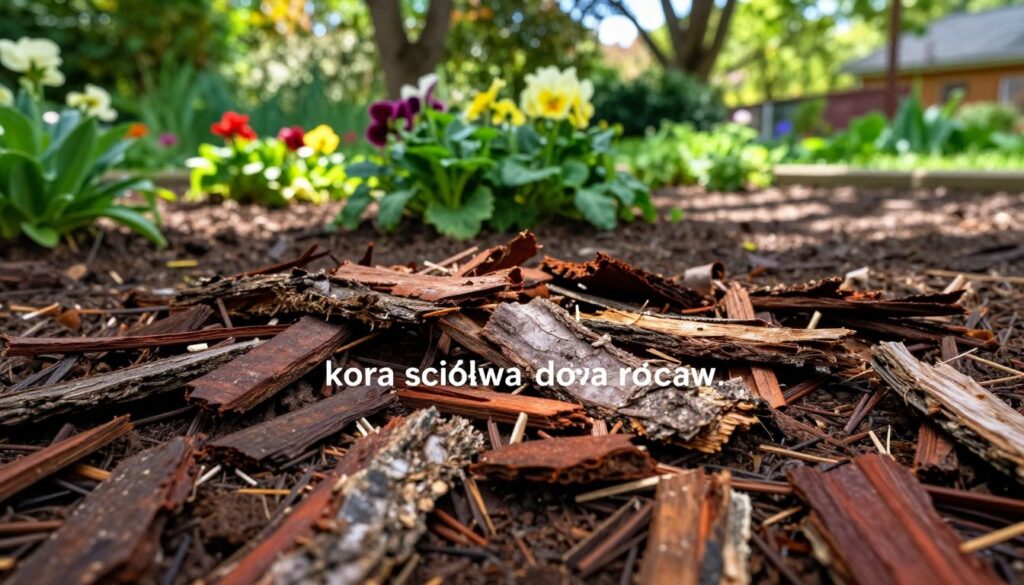 A detailed close-up view of natural forest bark mulch, specifically "kora ściółka dla roślin," in a garden setting. The foreground showcases rich, textured layers of dark brown and deep red bark pieces, scattered artistically over a flowerbed. In the middle ground, vibrant green plants and colorful flowers peek through the mulch, suggesting health and vitality. The background features soft sunlight filtering through lush tree branches, creating dappled shadows on the soil. The overall atmosphere is tranquil and inviting, embodying the essence of a healthy garden environment. Use a soft focus lens effect to enhance the warmth and natural beauty of the scene, capturing a sense of tranquility and ecological balance.