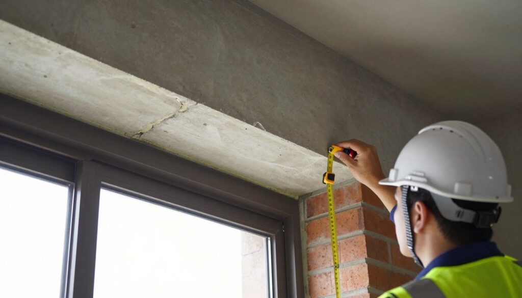 A detailed evaluation scene of a balcony door's structural condition, focusing on the lintel above the door. In the foreground, a professional wearing a hard hat and safety vest inspects the lintel with a measuring tape. They examine the concrete and any signs of wear, such as cracks or moisture damage. The middle ground features the balcony door set in a brick wall, with a clear view of the threshold and frame. In the background, natural light streams in from a nearby window, illuminating the scene in a bright, daylight ambiance. The mood is technical and analytical, emphasizing careful observation and assessment of structural integrity. The angle is slightly overhead, giving a comprehensive view to assess the condition effectively.