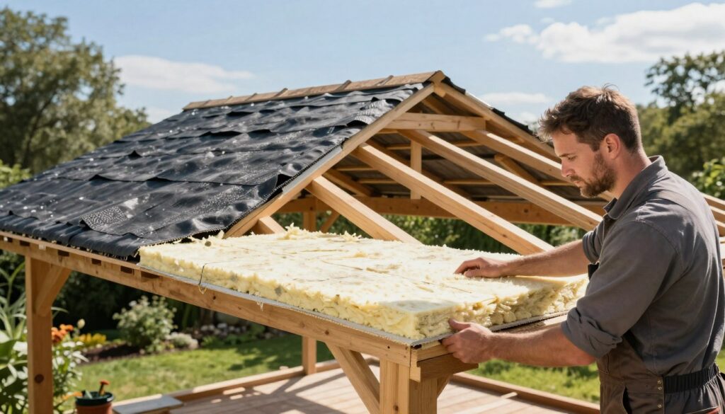 A detailed illustration of a roof insulation process on a wooden gazebo, showcasing layers of thermal insulation materials and roofing structure. In the foreground, focus on a professional contractor in modest work attire, carefully laying down insulation boards with a bright, analytical expression. In the middle, display the intricate placement of rafters and roofing felt, with visible texture of the materials, emphasizing the craftsmanship involved. The background should feature a serene garden setting with lush greenery and a clear blue sky, allowing natural light to flood the scene. The mood is informative and industrious, highlighting the importance of effective thermal insulation in gazebo construction. Use a wide-angle lens to capture the entire structure and its environment, creating a balanced and engaging composition.