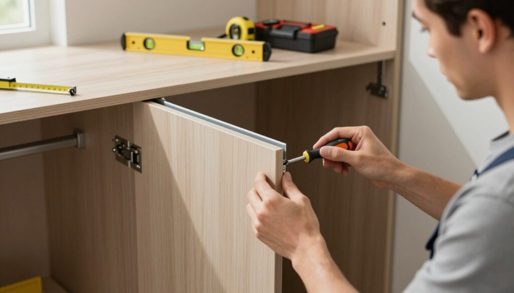A detailed image focusing on the adjustment of sliding wardrobe doors, showcasing a well-organized work environment. In the foreground, a professional in casual clothing carefully adjusts door panels using a screwdriver, revealing mechanisms and tracks. The middle ground features the sliding doors partially open, displaying a sleek, modern design with wood finish. The background contains tools like a level, tape measure, and a small toolbox, hinting at a DIY atmosphere. Natural light streams in from a nearby window, creating a warm, inviting glow, emphasizing the precision of the adjustment process. The overall mood is focused and professional, illustrating the importance of proper installation and wing adjustment. A detailed image focusing on the adjustment of sliding wardrobe doors, showcasing a well-organized work environment. In the foreground, a professional in casual clothing carefully adjusts door panels using a screwdriver, revealing mechanisms and tracks. The middle ground features the sliding doors partially open, displaying a sleek, modern design with wood finish. The background contains tools like a level, tape measure, and a small toolbox, hinting at a DIY atmosphere. Natural light streams in from a nearby window, creating a warm, inviting glow, emphasizing the precision of the adjustment process. The overall mood is focused and professional, illustrating the importance of proper installation and wing adjustment.