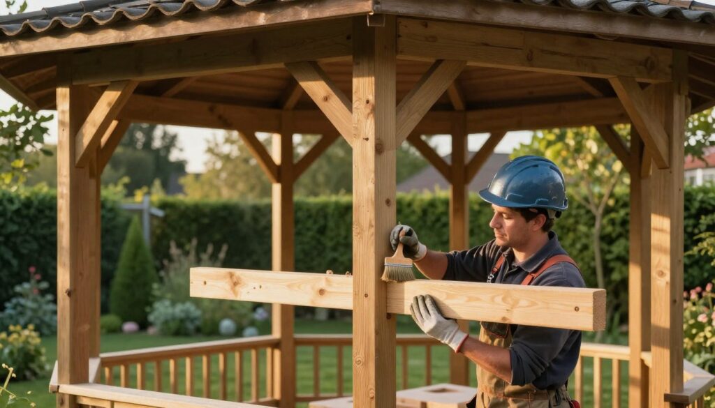 A detailed image of a wooden gazebo undergoing maintenance, showcasing a professional carpenter applying protective treatment to the structure. In the foreground, the carpenter, wearing a safety helmet and work gloves, is carefully inspecting and treating the wooden beams with a brush. The middle ground features the gazebo with its intricate wooden framework, highlighting the connections and structural integrity. In the background, a lush garden with vibrant greenery and soft sunlight filtering through the trees creates a serene atmosphere. The scene is illuminated by warm, golden hour lighting, enhancing the textures of the wood and emphasizing the importance of weatherproofing. The overall mood is one of dedication and craftsmanship in caring for outdoor constructions. A detailed image of a wooden gazebo undergoing maintenance, showcasing a professional carpenter applying protective treatment to the structure. In the foreground, the carpenter, wearing a safety helmet and work gloves, is carefully inspecting and treating the wooden beams with a brush. The middle ground features the gazebo with its intricate wooden framework, highlighting the connections and structural integrity. In the background, a lush garden with vibrant greenery and soft sunlight filtering through the trees creates a serene atmosphere. The scene is illuminated by warm, golden hour lighting, enhancing the textures of the wood and emphasizing the importance of weatherproofing. The overall mood is one of dedication and craftsmanship in caring for outdoor constructions.