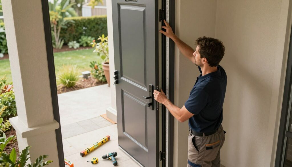 A detailed scene capturing the installation of an exterior door in a well-lit, modern home setting. In the foreground, a professional installer, dressed in smart work attire, carefully aligns a sleek, contemporary front door with an energy-efficient frame and weatherstripping. The middle ground shows tools like a level, drill, and measuring tape neatly arranged nearby, emphasizing precision. In the background, the home exterior features a welcoming porch and lush greenery, hinting at the importance of insulation and installation quality. Soft natural light filters through, creating a warm atmosphere that reflects a sense of home improvement and care. The angle is slightly elevated, providing a comprehensive view of both the door and the installer’s meticulous work without any text or overlays.