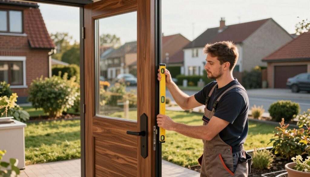 A detailed scene depicting the installation of external doors in a residential setting. In the foreground, a diligent professional installer in smart casual attire is carefully positioning a new door frame, using a level tool to ensure accuracy. The middle ground showcases the door itself, a modern, stylish entrance with a wood finish, reflecting quality craftsmanship. In the background, a typical Polish neighborhood is visible, featuring brick houses and green gardens, representing regional diversity. The lighting is warm and natural, simulating late afternoon sun, casting soft shadows. The overall mood is one of professionalism and craftsmanship, highlighting the careful attention to detail in door installation. The image captures the essence of home improvement in Poland.
