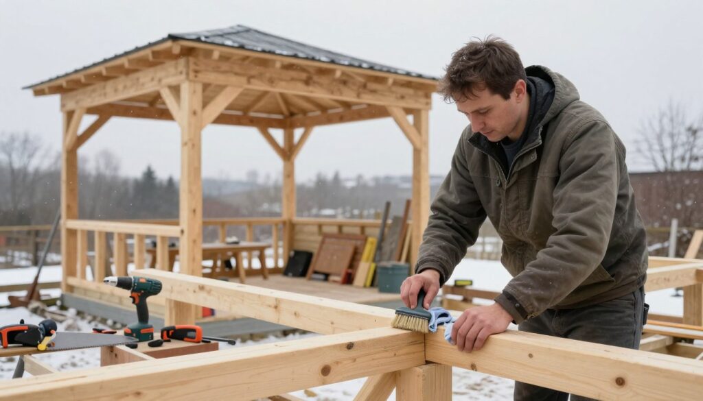A detailed scene of preparing a wooden gazebo for winter protection, showcasing the construction process. In the foreground, a worker in modest casual clothing is diligently cleaning and inspecting wooden beams, using a brush and cloth. In the middle ground, the gazebo structure stands partially assembled, surrounded by tools like a saw, drill, and protective tarpaulin. The background features a wintery landscape with faint snowflakes falling under a bright but overcast sky, suggesting a chilly atmosphere. Use soft natural lighting to highlight the textures of the wood and tools, with a slightly elevated angle to capture the entire scope of the construction. The overall mood is focused and industrious, emphasizing the importance of preparation for winter.