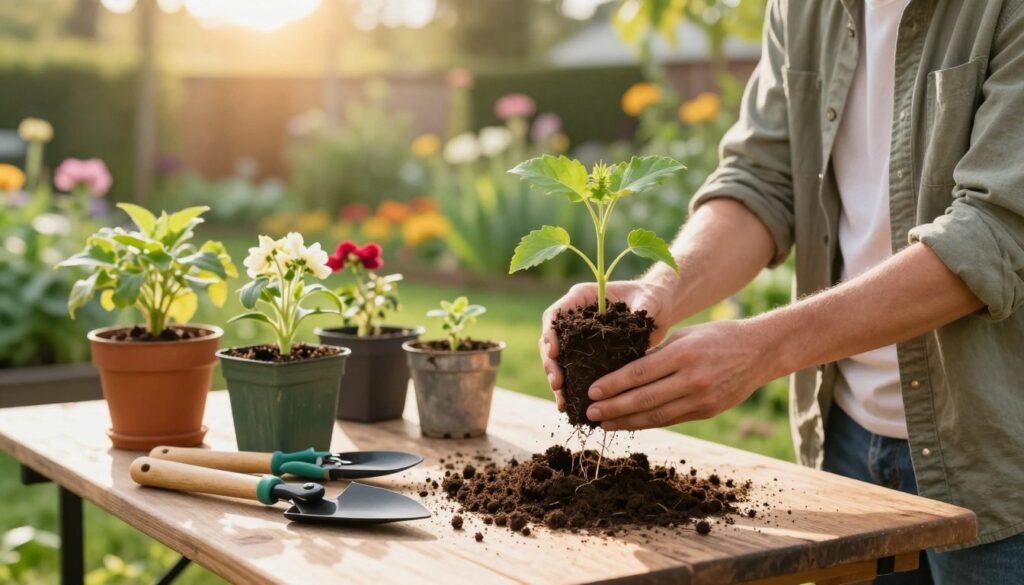 A detailed step-by-step guide to safe plant transplanting in a serene garden setting. In the foreground, a gardener in modest, casual clothing carefully holds a young plant, demonstrating proper techniques such as loosening the soil and positioning the roots. In the middle ground, a well-organized gardening table displays tools like a trowel, pruning shears, and pots, with additional plants ready for transplanting. The background features a lush garden with vibrant flowers and greenery, under a warm, golden sunlight that creates a calming and focused atmosphere. The scene is framed with a soft bokeh effect to emphasize the action of transplanting while providing a peaceful and inviting mood.