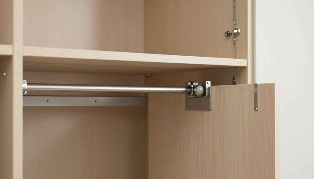 A detailed view of a modern sliding door system within a wardrobe, showcasing the intricate rail and wheel mechanisms that allow smooth operation. In the foreground, focus on the sliding door partially open, revealing the tracks and support brackets. The middle ground features neatly organized interior shelves, enhancing visual clarity. The background consists of a softly lit room with neutral walls, ensuring the doors stand out. Soft, diffused lighting highlights the textures of the wood and metal components, casting gentle shadows that emphasize depth. The atmosphere should feel tidy and practical, conveying a sense of organization and functionality.