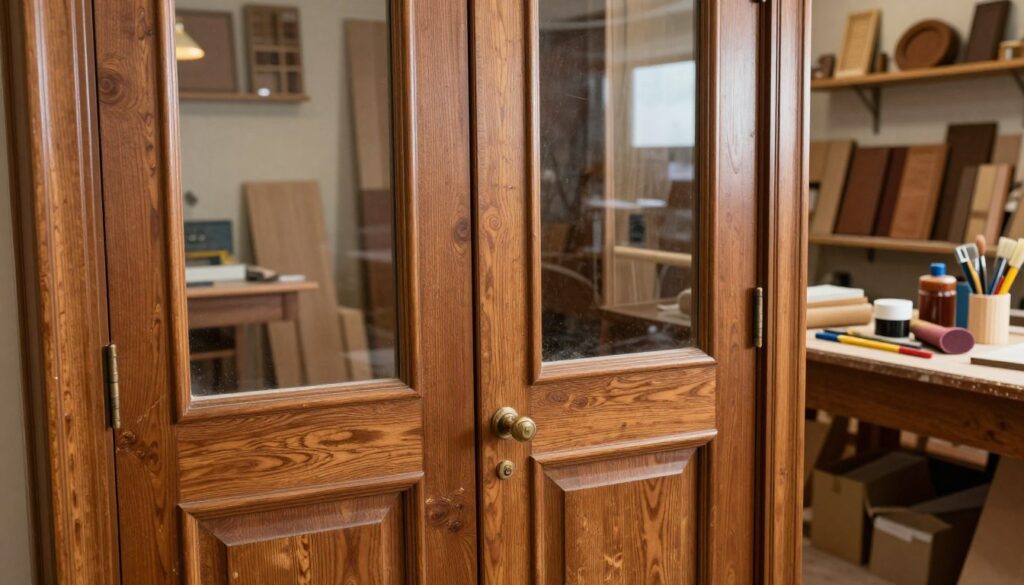 A detailed view of a set of vintage, textured medium density fiberboard (MDF) doors featuring glass panels, showcasing the intricate grain patterns and potential wear from years of use. The foreground should focus on the doors, highlighting the wood's rich brown tones and smooth finish, with reflections visible in the glass. In the middle ground, include various tools and materials for restoration, such as sandpaper, wood stain, and brushes, neatly arranged to suggest an ongoing renovation project. The background features a softly lit workshop environment, with warm, ambient lighting that conveys a cozy and inviting atmosphere, while an assortment of woodwork artifacts adorn the shelves. Capture the scene from a slightly elevated angle to emphasize the craftsmanship involved in the door restoration process.