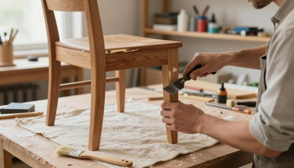 A detailed view of a wood furniture restoration process, focusing on the removal of old varnish. In the foreground, a skilled professional wearing a modest casual outfit is using a scraper tool on a wooden chair leg, showcasing the labor of carefully removing the old finish. In the middle ground, a partially stripped piece of furniture, revealing the rich wood grain underneath, sits on a drop cloth amidst scattered tools like sandpaper and a paintbrush. The background consists of a well-lit workshop with shelves filled with various restoration supplies and tools. Soft, natural light filters through a window, creating a warm and inviting atmosphere. The scene conveys a sense of craftsmanship and dedication to furniture renewal, highlighting the intricate process of preparing wood for refinishing.