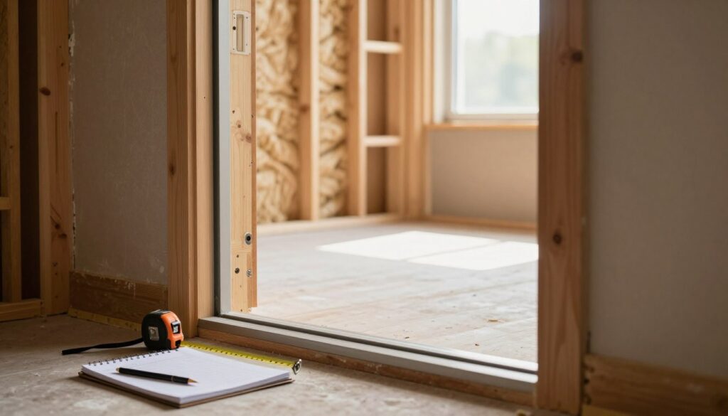 A detailed view of an open doorway frame in a newly constructed home. The foreground features a well-defined wooden door frame, with precise measurements written on a notepad placed on the floor next to a measuring tape, symbolizing the technical preparations for door installation. The middle ground shows a partially finished wall with exposed wooden studs and insulation, hinting at the ongoing construction work. In the background, soft natural light streams in through the doorway, enhancing the warm, inviting atmosphere of the space. A slight blur on the edges mimics a shallow depth of field, adding focus to the door frame. The overall mood is one of anticipation and readiness, capturing the essence of preparing for exterior door installation in a home. A detailed view of an open doorway frame in a newly constructed home. The foreground features a well-defined wooden door frame, with precise measurements written on a notepad placed on the floor next to a measuring tape, symbolizing the technical preparations for door installation. The middle ground shows a partially finished wall with exposed wooden studs and insulation, hinting at the ongoing construction work. In the background, soft natural light streams in through the doorway, enhancing the warm, inviting atmosphere of the space. A slight blur on the edges mimics a shallow depth of field, adding focus to the door frame. The overall mood is one of anticipation and readiness, capturing the essence of preparing for exterior door installation in a home.