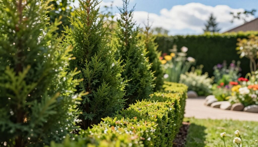 A lush garden scene featuring a vibrant "żywotnik zachodni" (Western thuja) hedgerow, showcasing its rich green, scale-like foliage. In the foreground, neatly trimmed hedges provide a structured appearance, inviting the viewer into the serene space. The middle ground reveals a pathway winding alongside the dense thicket of the thuja, lined with colorful flowering plants and decorative stones. The background features a soft-focus view of a bright blue sky with fluffy white clouds, suggesting a sunny day. The lighting is warm and natural, casting gentle shadows that emphasize the texture of the foliage. This tranquil garden scene is designed to convey a sense of harmony and growth, suited for a private outdoor oasis.