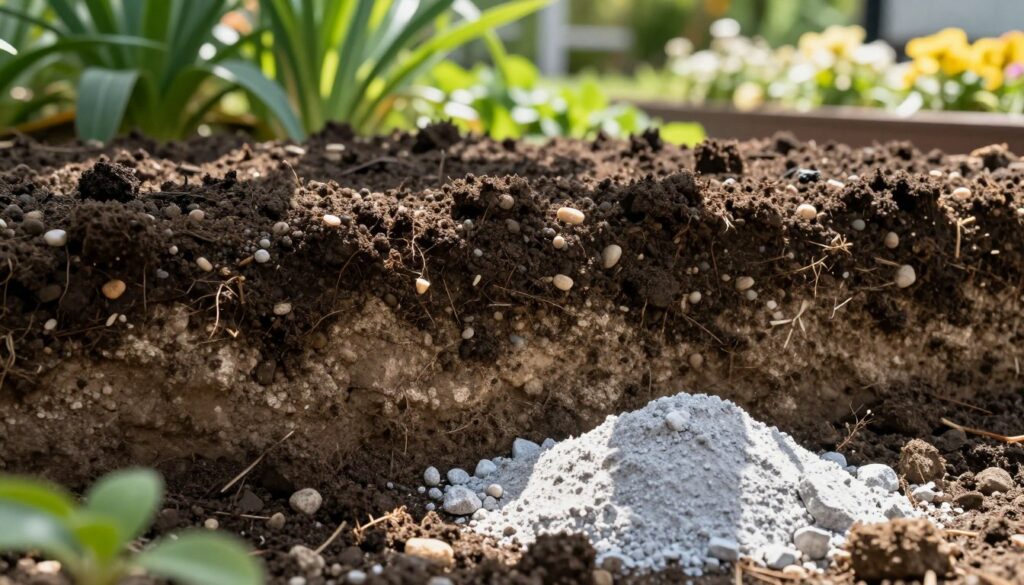 A lush garden soil close-up revealing distinct layers: dark, fertile topsoil with small pebbles, transitioning to lighter clay beneath. In the foreground, a small pile of agricultural limestone, one side chalky and uneven (representing dolomitic lime) and the other side smooth and gray (representing calcium oxide). Bright sunlight filters through overhead leaves, casting dappled light on the soil, enhancing textures and colors. In the background, blurred green plants and flower beds create a serene atmosphere. The composition should suggest a healthy, thriving ecosystem, evoking a mood of growth and vitality, perfect for an informative article about soil treatments. Use a standard lens perspective with good depth of field to accentuate the details of the soil and lime.
