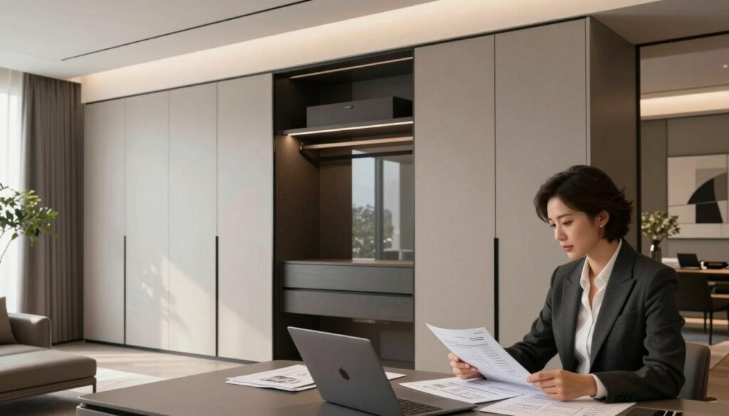 A luxurious, modern interior space showcasing a wall-length wardrobe seamlessly integrated into the room. The wardrobe features a sleek, minimalist design with a hidden front that blends effortlessly into the wall, adorned with subtle textures and neutral hues. In the foreground, a stylish, professional individual in business attire is analyzing cost sheets and architectural designs, sitting at a contemporary desk with a laptop open. The middle ground includes the wardrobe itself, reflecting natural light from large windows, with soft, warm ambient lighting enhancing the overall mood of sophistication and focus. The background reveals hints of decorative elements, such as plants and artwork, creating an inviting atmosphere for investment analysis. The composition is shot from a slightly elevated angle, providing a comprehensive view of the space.