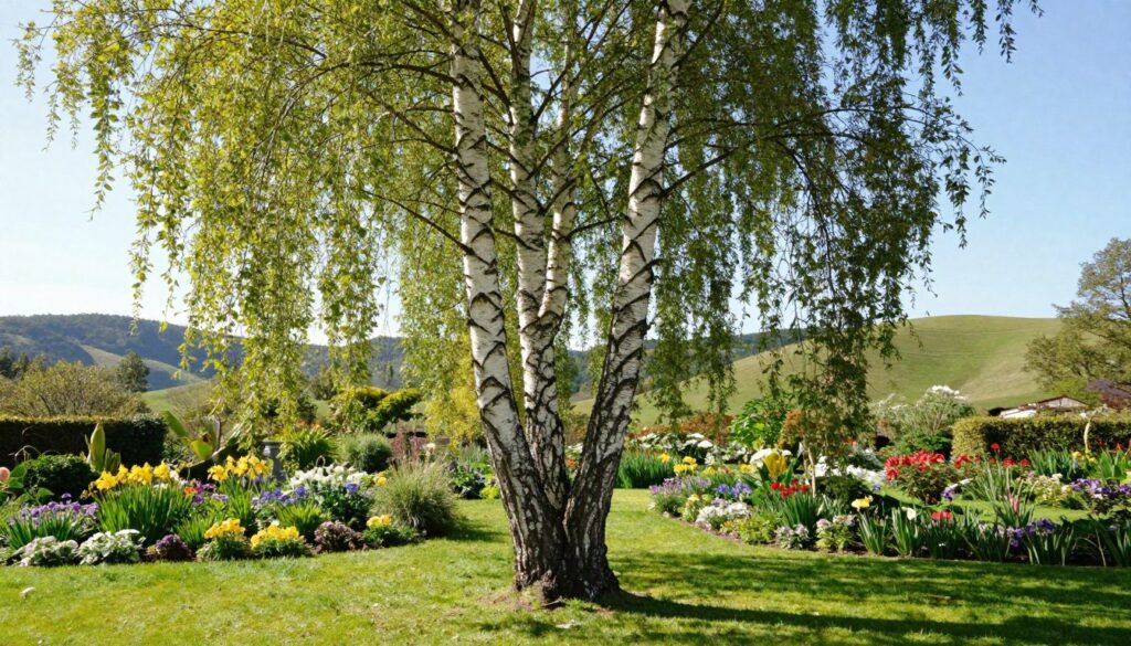 A majestic Betula pendula, commonly known as the silver birch or "brzoza brodawkowata," stands tall in a serene garden setting. The elegant tree features distinctively white bark adorned with dark, flaky patches, showcasing its characteristic thin, drooping branches. Surrounding it, vibrant green grass and a diverse array of perennial flowers in full bloom create an inviting space. In the background, gentle rolling hills under a bright blue sky provide a tranquil ambiance. Soft, golden sunlight filters through the leaves, casting dappled shadows on the ground. The scene is captured from a slightly elevated angle, highlighting the tree’s graceful form and the vibrant garden. The mood is peaceful and idyllic, emphasizing the classic beauty and suitability of the brzoza brodawkowata for both small and large gardens.