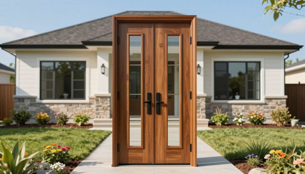 A modern and stylish set of exterior doors, prominently placed in the foreground. The doors should be depicted as solid wood with a sleek finish, featuring elegant glass panels that allow soft natural light to filter through. In the middle ground, a recently constructed house can be seen, showcasing a contemporary design with large windows and a welcoming porch, hinting at the idea of new beginnings. The background consists of fresh landscaping with green grass and colorful flowers, under a clear blue sky that suggests a sunny day. The lighting is bright and warm, creating an inviting atmosphere, with shadows adding depth. The composition should capture the essence of readiness for new homeownership, emphasizing the strategic importance of installing exterior doors when building a new home. A modern and stylish set of exterior doors, prominently placed in the foreground. The doors should be depicted as solid wood with a sleek finish, featuring elegant glass panels that allow soft natural light to filter through. In the middle ground, a recently constructed house can be seen, showcasing a contemporary design with large windows and a welcoming porch, hinting at the idea of new beginnings. The background consists of fresh landscaping with green grass and colorful flowers, under a clear blue sky that suggests a sunny day. The lighting is bright and warm, creating an inviting atmosphere, with shadows adding depth. The composition should capture the essence of readiness for new homeownership, emphasizing the strategic importance of installing exterior doors when building a new home.